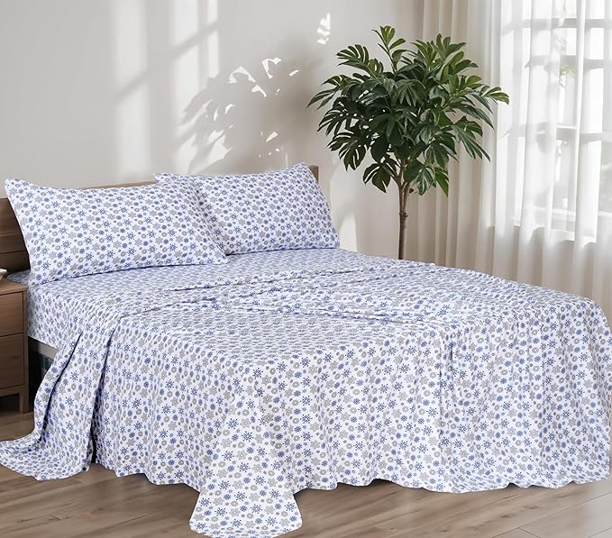 RUVANTI Flannel Sheets King Size - 100% Cotton Brushed King Size Sheets Set - Deep Pockets 16 Inches Bed Sheets - All Seasons Breathable & Extra Soft - Warm & Cozy, 4 Piece, Snow Flake Grey