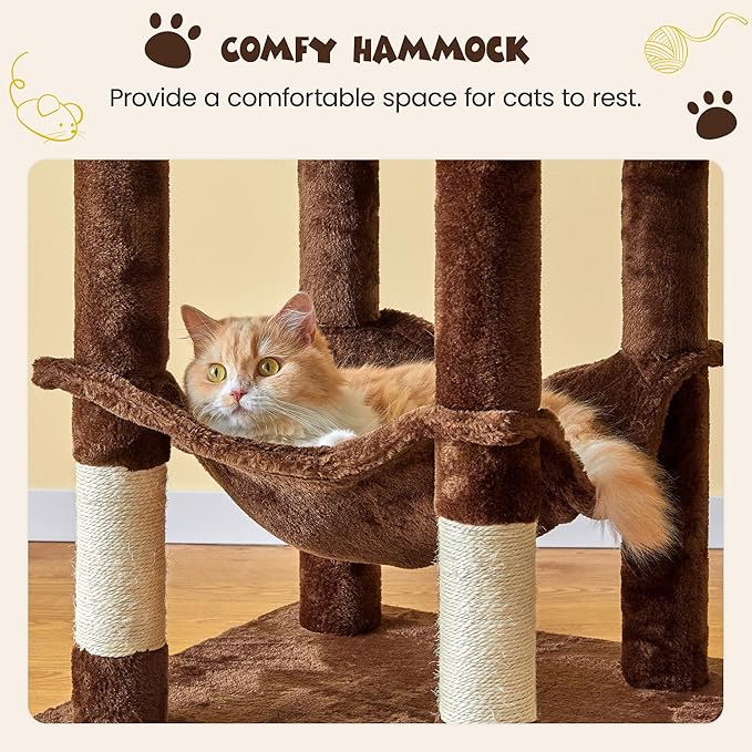 MWPO 63.8 inches Multi-Level Cat Tree for Large Cats with Sisal-Covered Scratching Posts, Padded Platform, Hammock and Condo,Stable Cat Tower Cat Condo Pet Play House (Brown)-Mewly Pet