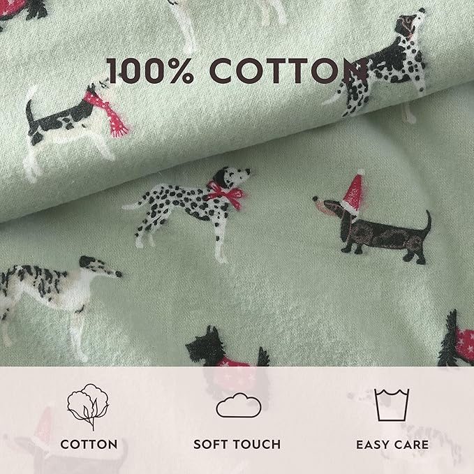 Laura Ashley - Flannel Sheets Twin Size, Anti-Pilling & Wrinkle Resistant Cotton, Touchably Soft for All-Season Comfort - Bed Sheets with Matching Pillowcase & Fitted Sheet (Holiday Pups Green)