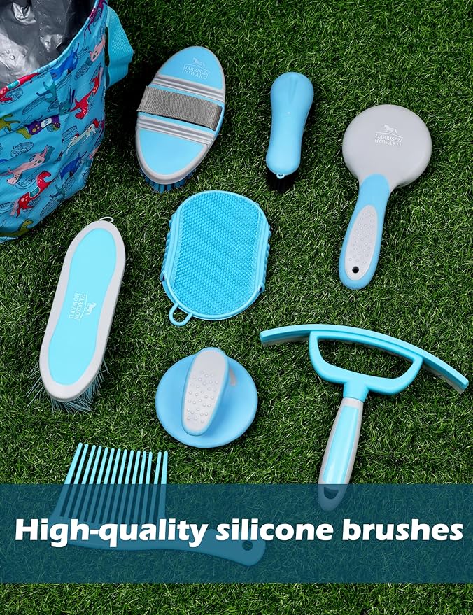 Harrison Howard Horse Grooming Kit 11-Piece Equine Care Series Horse Brush Sets with Organizer Tote Bag Tack Room Supplies Shedding Grooming Massaging Tools Blue Brushstroke Ponies-Mewly Pet