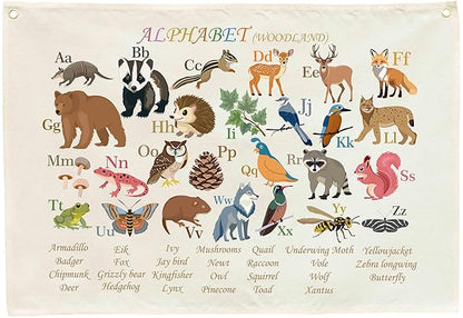 Alphabet poster for Nursery Toddlers, Play Room Wall Decor, ABC Wall Chart, Wall Hanging Decor for Toddler Playroom Decor Kids Wall Decor, Woodland Alphabet-Rectangle Banner Flag Wall Sign Decor Gift