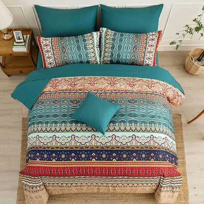 Boho King Size Comforter Set 8 Pieces,Green and Brown Bohemian Striped Bed in a Bag,Floral Soft Microfiber Bedding Comforter Set