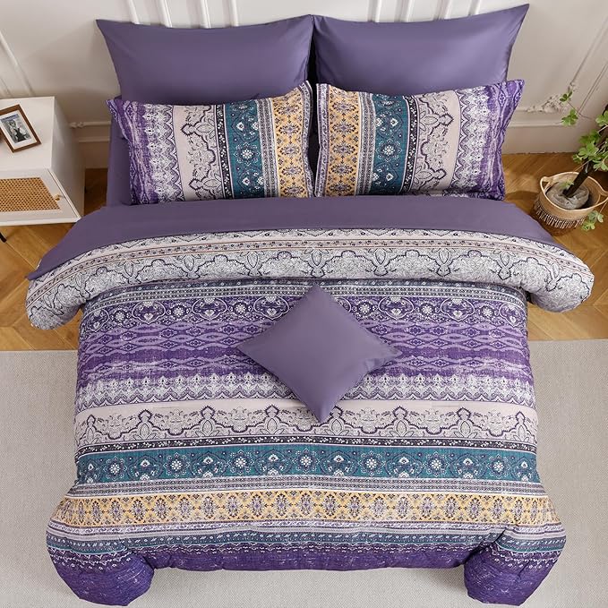 Cottolester Boho Comforter Set California King Size 8 Pieces,Violet Bohemian Striped Bed in a Bag, Paisley Soft Microfiber Bedding Comforter Set