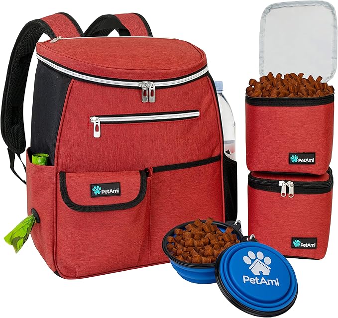 PetAmi Dog Travel Bag Backpack, Airline Approved Dog Bags for Traveling, Puppy Diaper Bag Supplies, Pet Camping Essentials Hiking Accessories Dog Mom Gift, Food Container, Collapsible Bowls, Red-Mewly Pet