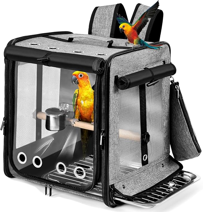 Suertree Bird Carrier with Seat Belt for Car Travel, Bird Backpack Carrier with Indestructible Stainless Steel Mesh, Large Bird Carrier Travel Cage, Grey-Mewly Pet