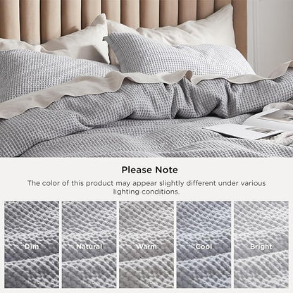 Bedsure Cotton Duvet Cover Queen - 100% Cotton Waffle Weave Grey Duvet Cover Queen Size, GentleSoft™ and Breathable Bedding Set for All Season, 3 Pieces, 90"x90"