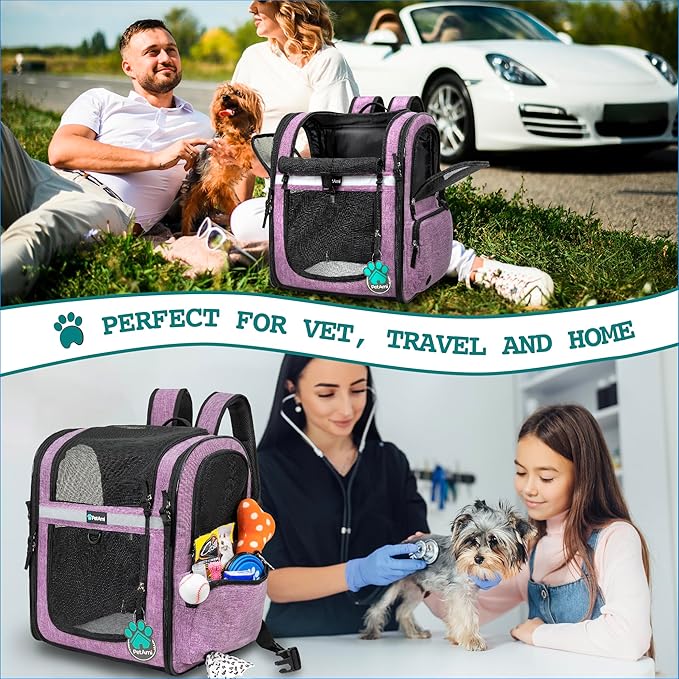 PetAmi Dog Backpack Carrier For Small Large Cat, Pet, Puppies, Ventilated Pet Hiking Backpack Travel Bag, Airline Approved Cat Backpack Carrier, Safety Back Support, Camping Biking, Max 18 lbs, Purple-Mewly Pet