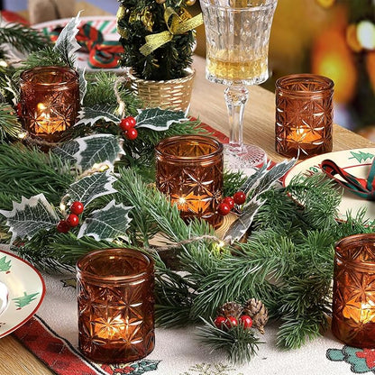 12 Pack Vintage Amber Votive Candle Holders, Glass Candle Holders for Wedding Table Centerpiece, Small Tealight Candle Holder for Home Decor, Tea Lights Candle Holder for Party, Boho Fall Decor