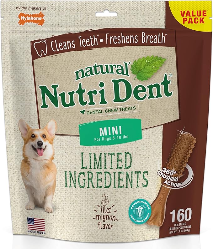 Nylabone Nutri Dent Dog Dental Chews - Natural Dog Teeth Cleaning & Breath Freshener - Dental Treats for Dogs - Filet Mignon Flavor, Mini (160 Count)-Mewly Pet