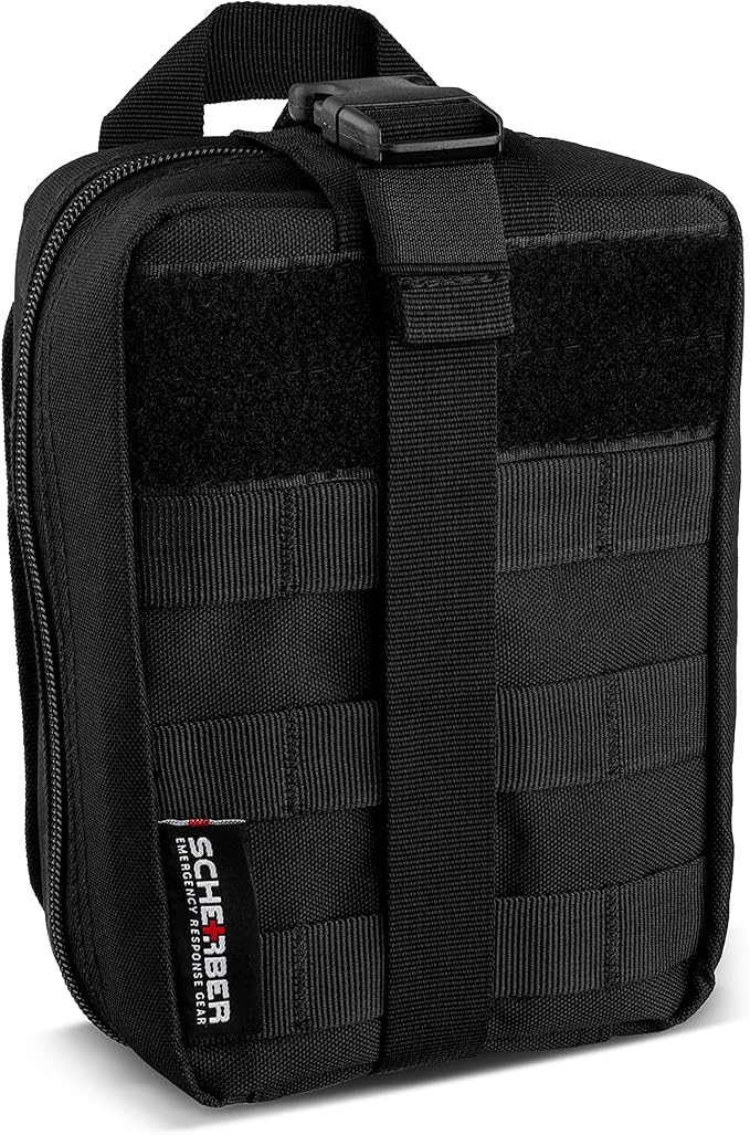 Scherber Premium IFAK Kit Trauma Pack | HSA/FSA Approved | Fully Stocked MOLLE Pouch w/CAT Tourniquet, HyFin Chest Seal, & Israeli Bandage | Trauma Kit for Gunshot, Bleeding, Major Wound Care (Black)-Mewly Pet