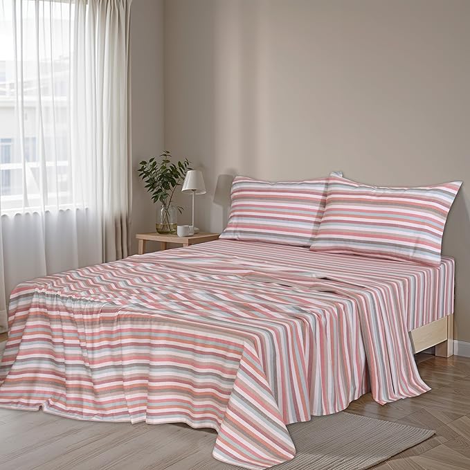RUVANTI Flannel Sheets Full Size - 100% Cotton Double Brushed Bed Sheets Set, Deep Pockets 16 Inches, All Seasons Breathable & Extra Soft Full Sheets, Warm & Cozy, 4 Piece, Multi Chevron Stripe