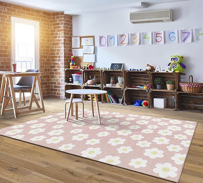 Flagship Carpets Schoolgirl Style Retro Daisies on Pink Educational Area Rug for Kids Room Seating Décor, Children's Classroom, Play Carpet for Teaching and Playroom, 7'6 "x 12'