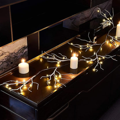 Hairui Lighted Garland Snow Flocked with Timer 6FT 48 LED Battery Operated Pre-lit Twig Vine Firepalce Mantle Table Winter Christmas Decoration Indoor Outdoor