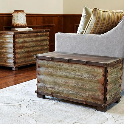 Household Essentials Decorative Trunk, Rustic, Large, Wood Frame and Metal Siding, Spacious and Handmade, Fully Opening Lid, Black Interior, Driftwood and Silver