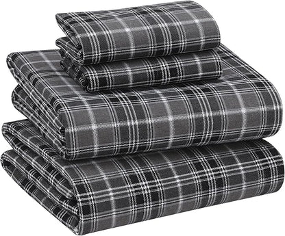 RUVANTI Flannel Sheets Queen Size - 100% Cotton Double Brushed Bed Sheets, Deep Pockets 16 Inches Queen Sheet Set, All Seasons Breathable & Extra Soft - Warm & Cozy, 4 Piece, Grey Plaid