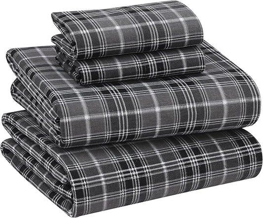 RUVANTI Flannel Sheets Full Size - 100% Cotton Double Brushed Bed Sheets Set, Deep Pockets 16 Inches, All Seasons Breathable & Extra Soft Full Sheets, Warm & Cozy, 4 Piece, Grey Plaid