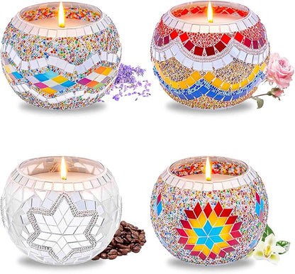 Rancco Handmade Mosaic Glass Tealight Candle Holder Set - 4 Pack with 10.5 oz Long-Lasting Soy Wax Scented Candles - Perfect Aromatherapy Gifts for Women, Moms, Birthdays, Spa Days, and Christmas