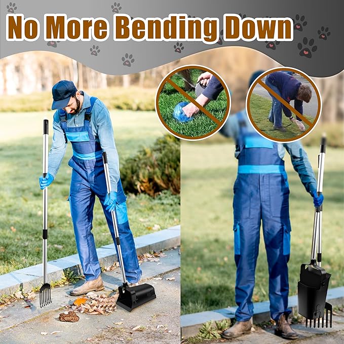 Pooper Scooper Metal 38" Long Adjustable Handle Swivel Bin & Rake for Large & Small Dogs Non-Breakable Dog Poop Scooper Easy to Clean Pet Waste Use on Grass, with 20 Waste Bags-Mewly Pet