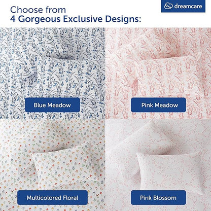 DREAMCARE Queen Size Sheets - Cooling Bed Sheets - 4pcs Set - Queen Sheet Set - Sheets Queen Size Bed - Queen Size Sheet Sets - Soft & Long Lasting 100% Fine Brushed Floral Sheets - Floral Blue