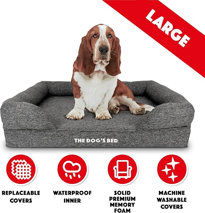 The Dog’s Bed, Large Grey Linen 36x27, Memory Foam, Pain Relief: Arthritis, Hip & Elbow Dysplasia, Post Surgery, Lameness, Supportive, Calming, Waterproof Washable Cover, Veterinary Approved-Mewly Pet