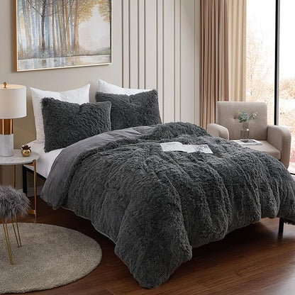 King Luxury Faux Fur Comforter Set - Soft & Breathable 7-Piece Bedding Collection - 1 Comforter, 1 Fitted Sheet, 1 Flat, 2 Pillowcases, 2 Pillow Shams - Deep Pocket - Premium Quality, Dark Gray
