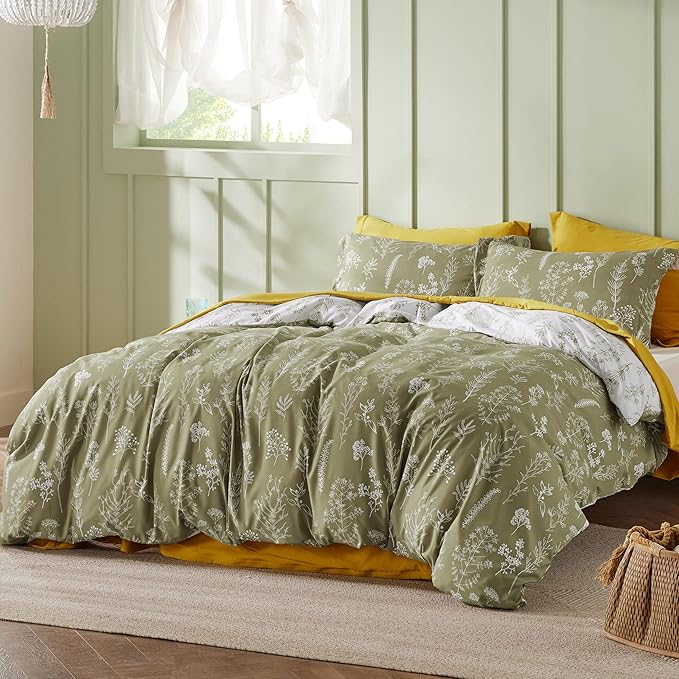 Bedsure Full Comforter Set - Olive Green Bed Set, 3 Pieces Cute Floral Bedding, 1 Soft Reversible Botanical Flowers Comforter and 2 Pillow Shams