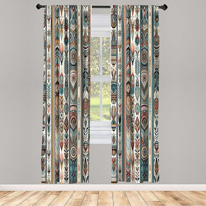 Ambesonne Ethnic Curtains, Folkloric Style Floral Ornaments with Bohemian Oriental Motifs as Stripes, Window Treatments 2 Panel Set for Living Room Bedroom, Pair of - 28" x 63", Teal Coral and Orange
