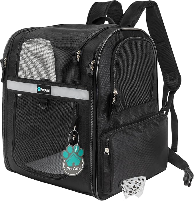 PetAmi Dog Backpack Carrier for Small Large Cat, Pet, Puppies, Ventilated Pet Hiking Backpack Travel Bag, Airline Approved Cat Backpack Carrier, Safety Back Support, Camping Biking, Max 18 lbs, Black-Mewly Pet