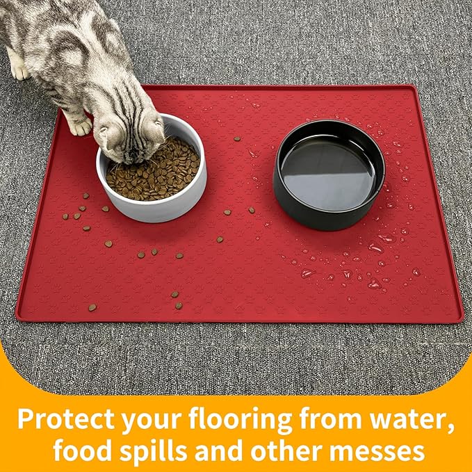 Ptlom Dog Food Mat Anti-Slip Pet Bowl Mats for Food and Water, High-Lips Pet Placemat Prevent Messy Spills to Floor, Waterproof Puppy Feeding Tray for Small, Medium Large Dogs Cats, Silicone-Mewly Pet