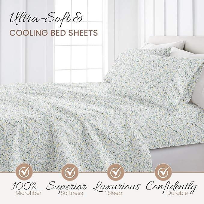 Linen Market Double-Brushed Patterned Microfiber Full Sheet Set 4 Piece – Oeko-TEX Certified Ultra Soft & Wrinkle-Free - 16" Deep Pocket Sheets - Easy Care Full Size - Wildflower Light Blue