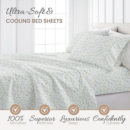 Linen Market 4 Piece Queen Sheet Set - Breathable, Double-Brushed Patterned Cooling Sheets – Oeko-TEX Certified Ultra Soft & Wrinkle-Free 16" Deep-Pocket Queen Sheets - Easy Care Wildflower Blue