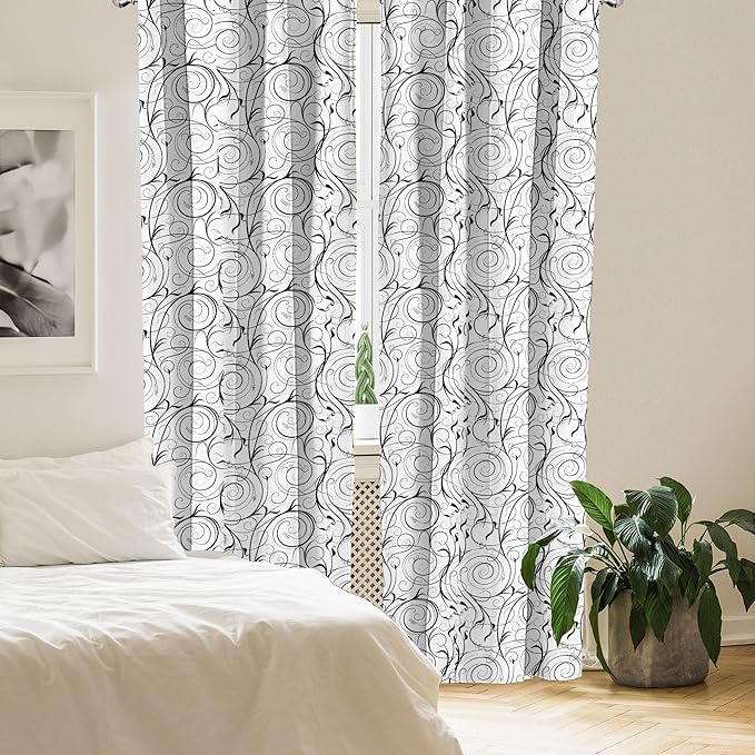 Ambesonne Black and White Curtains, Scribble Swirling Motifs Spiral Floral Stems Modern Abstract Scroll, Window Treatments 2 Panel Set for Living Room Bedroom, Pair of - 28" x 84", White Charcoal Grey