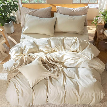 MooMee Bedding Duvet Cover Set 100% Washed Cotton Linen Like Textured Breathable Durable Soft Comfy (Heathered Almond Milk Grey, Super Queen 90"x98")