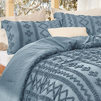 Bedsure Tufted Boho Comforter Set Twin Size - Grayish Blue Boho Bed Set, GentleSoft™ 2 Pieces Farmhouse Shabby Chic Embroidery Bedding, Gifts for Woman, Soft Jacquard Twin Comforter for All Seasons