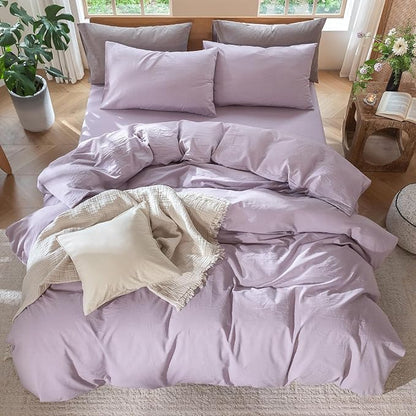 MooMee Bedding Duvet Cover Set 100% Washed Cotton Linen Like Textured Breathable Durable Soft Comfy (Heathered Light Purple, Palatial King/Oversized King 120"x98")