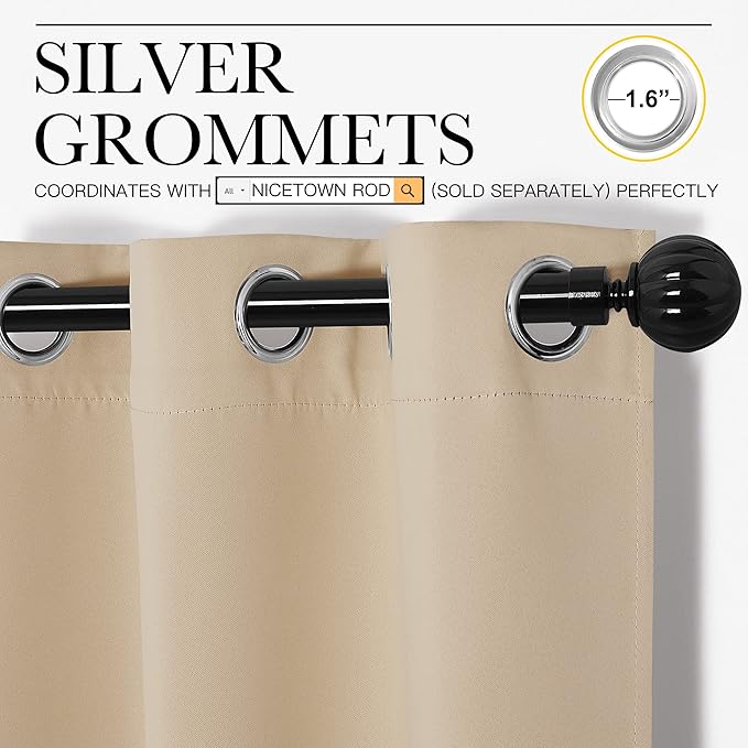 NICETOWN Bedroom Room Darkening Curtains - Triple Weave Microfiber Grommet Top Thermal Insulated Solid Panels/Drapes for Kid's Room (Biscotti Beige, 1 Pair, 55 inches by 90 Inch)