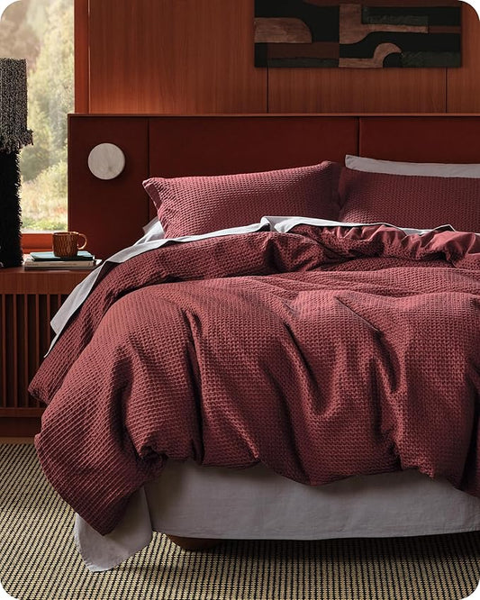 Bedsure Cotton Duvet Cover Queen - 100% Cotton Waffle Weave Maroon Red Duvet Cover Queen Size, GentleSoft™ and Breathable Bedding Set for All Season, 3 Pieces, 90"x90"
