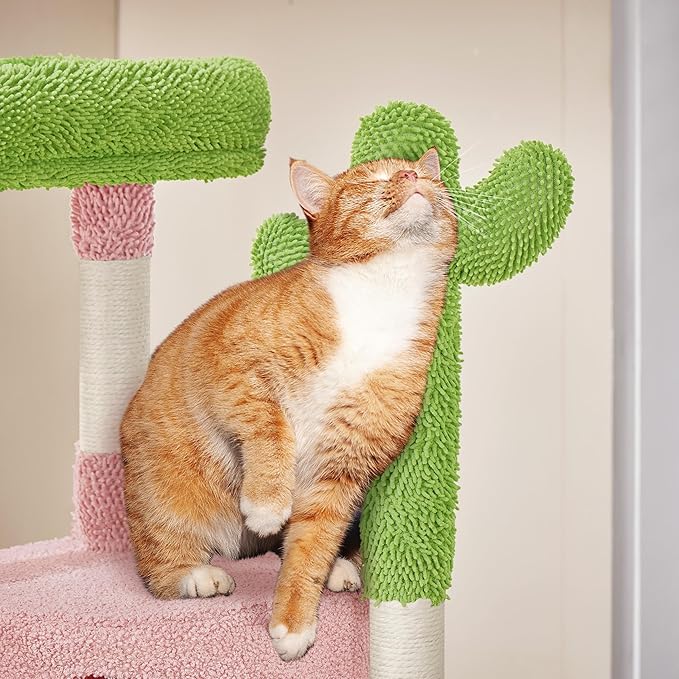 Yaheetech Cactus Cat Tree, 42in Cat Tower for Indoor Cats, Multi Level Kitten Condo Scratching Post, Pet Activity Center Furniture w/Ball, Plush Perch, Platform, Basket, Pink/Green-Mewly Pet