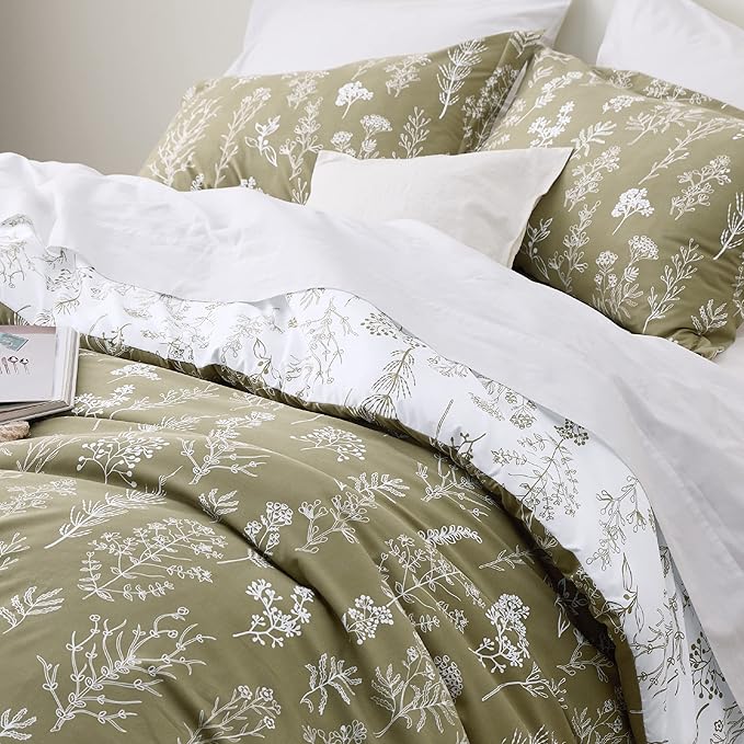 Bedsure Full Comforter Set - Olive Green Bed Set, 3 Pieces Cute Floral Bedding, 1 Soft Reversible Botanical Flowers Comforter and 2 Pillow Shams
