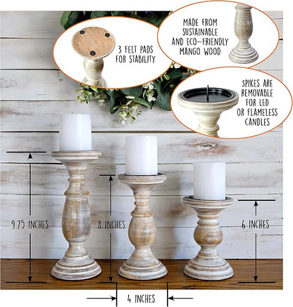 Candle Holders for Pillar Candles, Wooden Candleholders Table Centerpiece, Pillar Candle Holders Set of 3, Wood Rustic Farmhouse Fireplace White