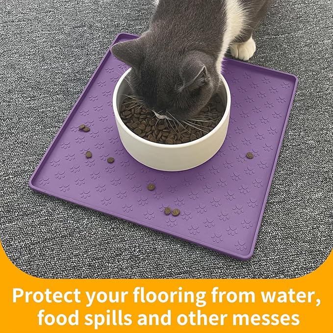 Ptlom Dog Food Mat Anti-Slip Bowl Mats for Food and Water, Waterproof Silicone Pet Placemat with High Raised Edges, Non-Slip Puppy Feeding Tray for Small, Medium Large Cats Dogs, Purple, 11.8"x11.8"-Mewly Pet