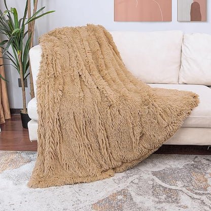 Tuddrom Decorative Extra Soft Faux Fur Blanket Queen Size 80" x 90",Solid Reversible Fuzzy Fluffy Cozy Plush Fleece Comfy Microfiber Fur Blanket for Couch Sofa Bed,Camel