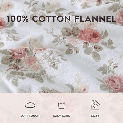Laura Ashley - Flannel Sheets King Size, Anti-Pilling & Wrinkle Resistant Cotton, Touchably Soft for All-Season Comfort - Bed Sheets with Matching Pillowcases & Fitted Sheet (Lisalee Pink)