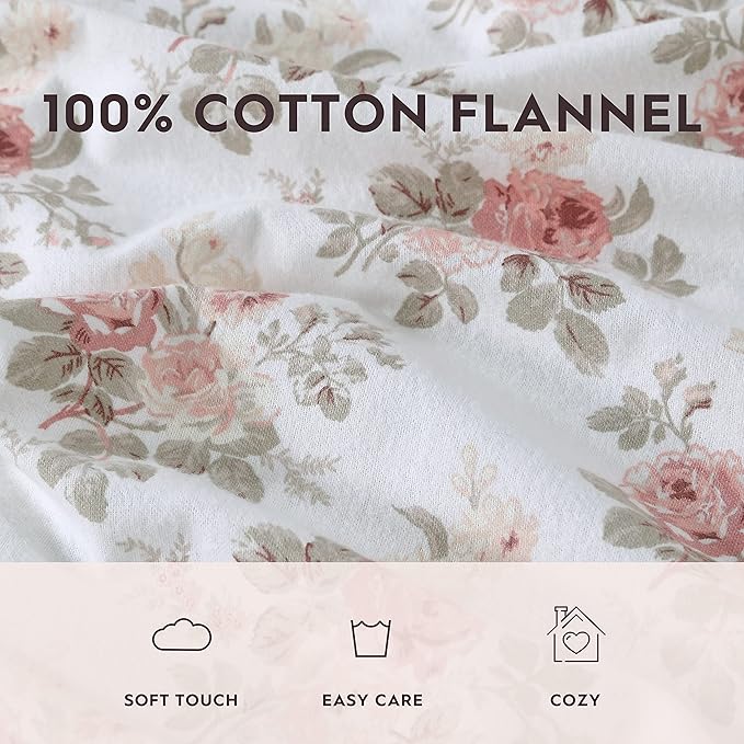Laura Ashley - Flannel Sheets Full Size, Anti-Pilling & Wrinkle Resistant Cotton, Touchably Soft for All-Season Comfort - Bed Sheets with Matching Pillowcases & Fitted Sheet (Lisalee Pink)