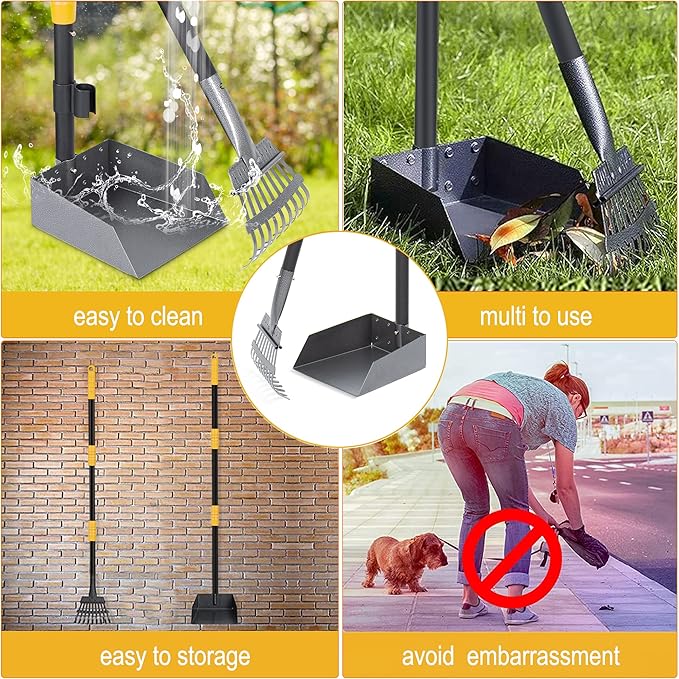 Niubya Pooper Scooper for Dogs, Metal Poop Scooper Tray and Rake Set with Adjustable Long Handle, Dog Pooper Scooper for Pet Waste Removal-Mewly Pet