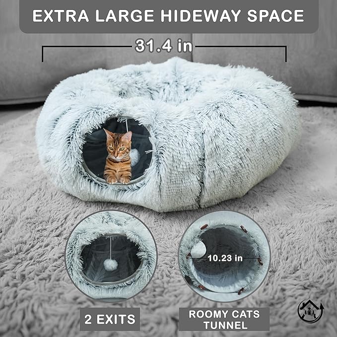 Large Cat Tunnel Bed for Indoor Cats Warm Fluffy Plush Cat Cave Tunnel Bed Collapsible, Washable, 3 Way and Multifunctional with Dangling Balls for Cats, Kittens and Rabbits- Gray-Mewly Pet