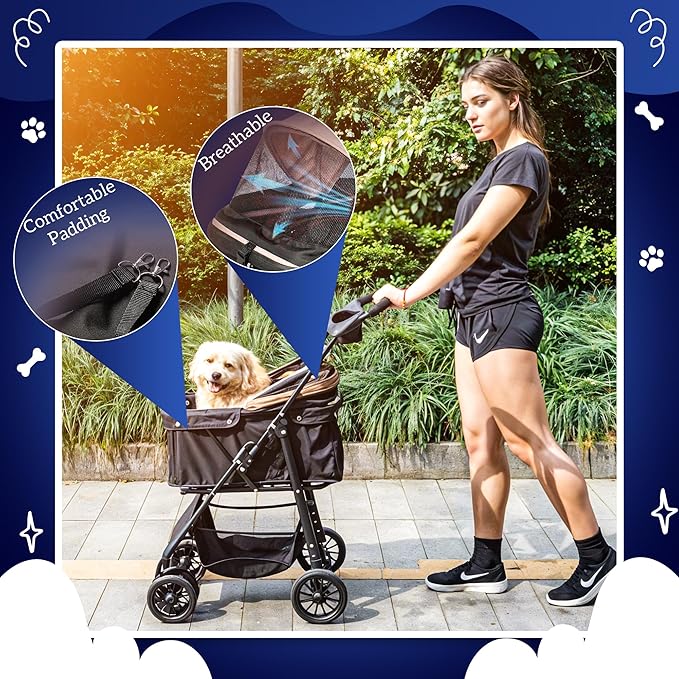 Pet Stroller with 4 Rolling Casters for Pets – Lightweight Multifunctional Travel Stroller with Mesh Windows, Cup Holder, Sun Shades & Storage Pocket for Puppy and Kitty-Mewly Pet