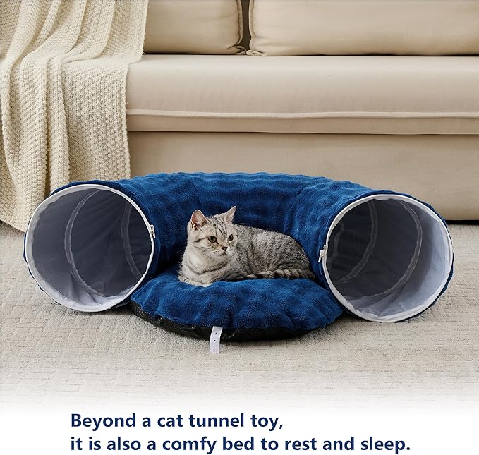 Bubble Cat Tunnel for Indoor Cats, Round Peekaboo Cave Toy with Dangling Balls, Donut Tunnel Bed with Circle Mat for Puppy Kitten Rabbit, Navy Blue-Mewly Pet