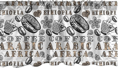 Ambesonne Modern Window Valance, Coffee Beans with Ornamental Words Ethiopians Pattern, Curtain Valance for Kitchen Bedroom Decor with Rod Pocket, 42" x 18", Sand Brown Black
