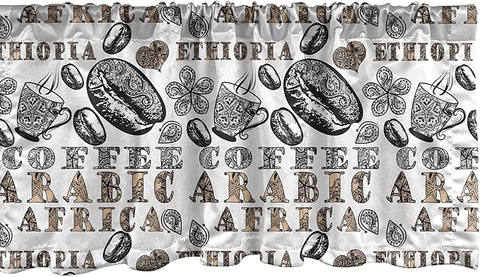 Ambesonne Modern Window Valance Pack of 2, Coffee Beans with Ornamental Words Ethiopians Pattern, Rod Pocket Curtain Valances for Kitchen Bedroom, 42" X 18", Sand Brown Black